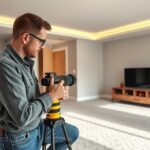 эксперт с лазерным уровнем в квартире без отделки
