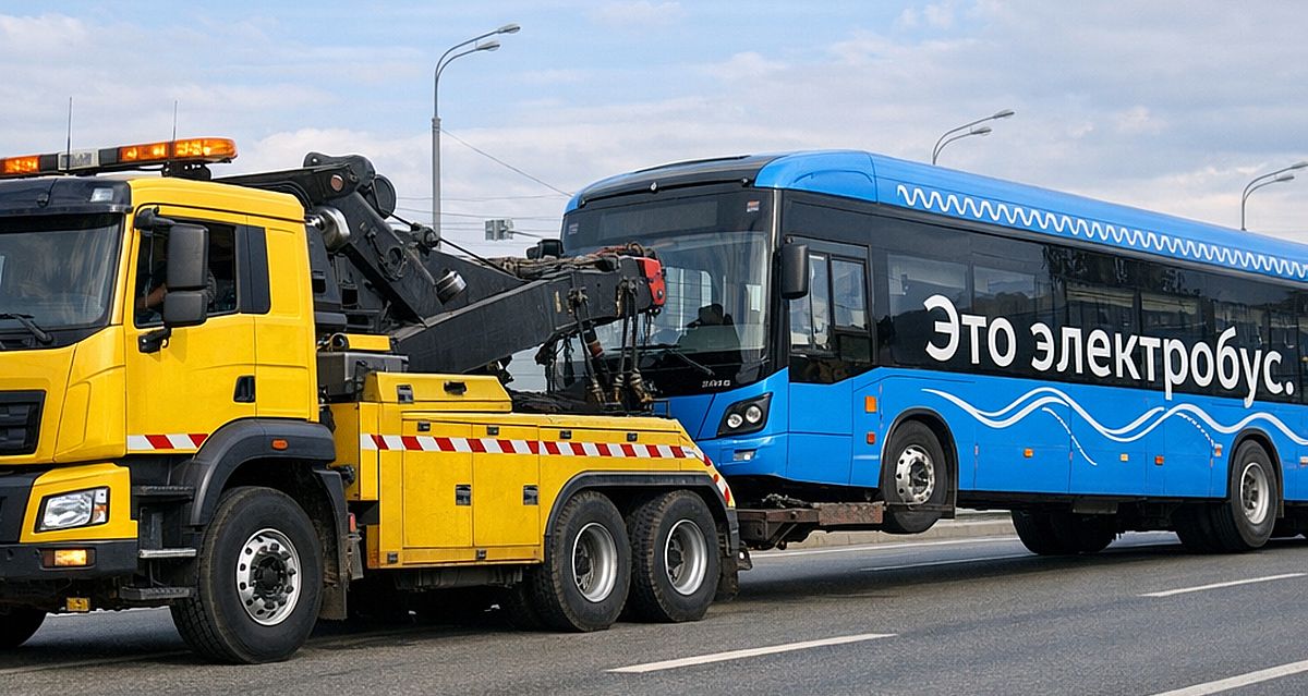 эвакуатор грузовых автомобилей тащит городской пассажирский автобус