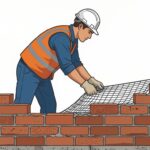 каменщик использует кладочную сетку между рядами кирпича