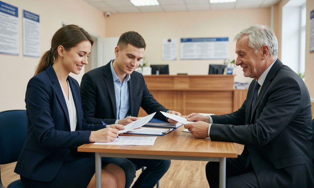 семейная пара в МФЦ заключает договор покупки квартиры